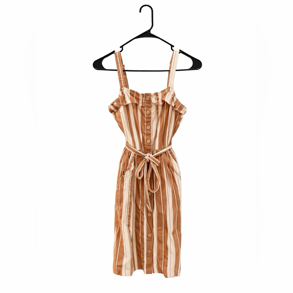 Tan and White Striped Midi Dress - S - Great Condition